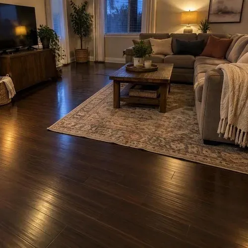 Finished dark carbonized bamboo living room floor after bamboo floor installation