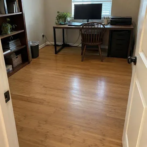 Finished bamboo floor in small home office after bamboo floor installation