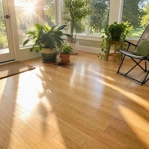 Natural light bamboo floor in sunroom after bamboo floor installation