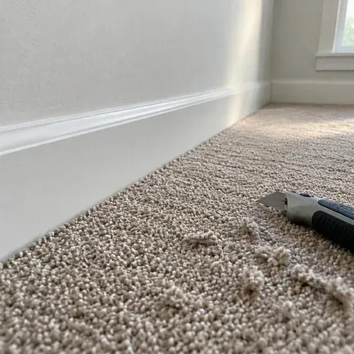 Freshly trimmed carpet edge tucked along baseboard during carpet installation