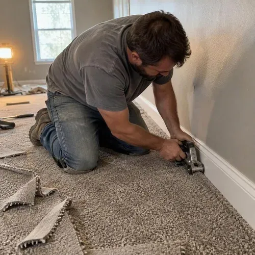 Installer trimming carpet along baseboard with wall trimmer during carpet installation