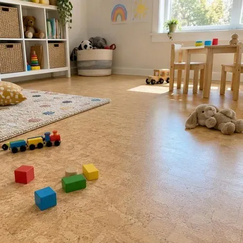 Finished natural cork floor in kids playroom after cork floor installation