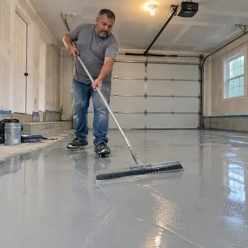 Worker in spiked shoes squeegeeing epoxy across garage during epoxy floor installation