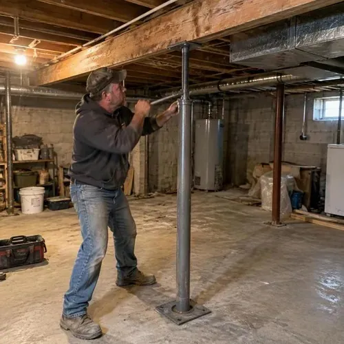 Contractor setting screw jack under basement beam during floor and subfloor repair
