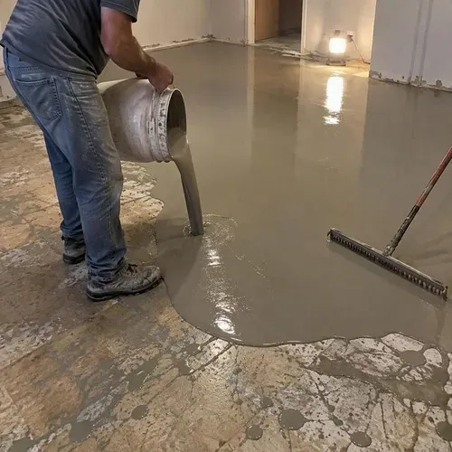 Self-leveler poured over uneven old subfloor during floor and subfloor repair
