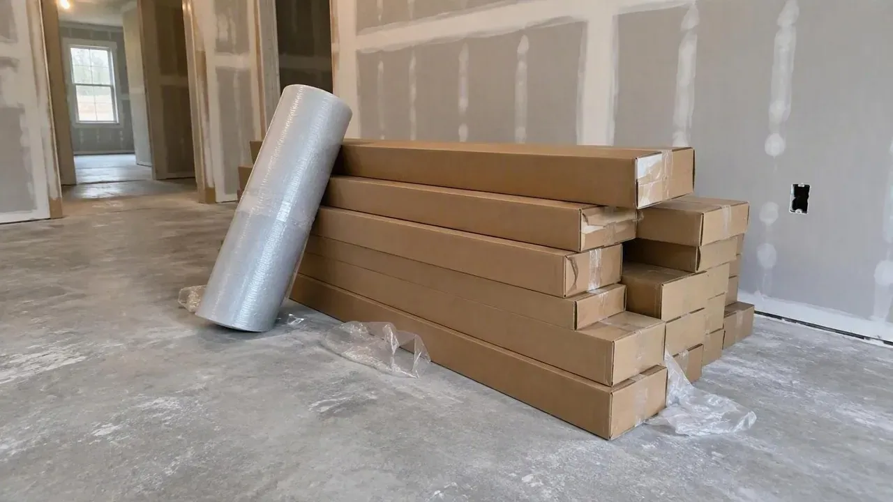 Flooring boxes and underlay stacked in unfinished house during flooring installation