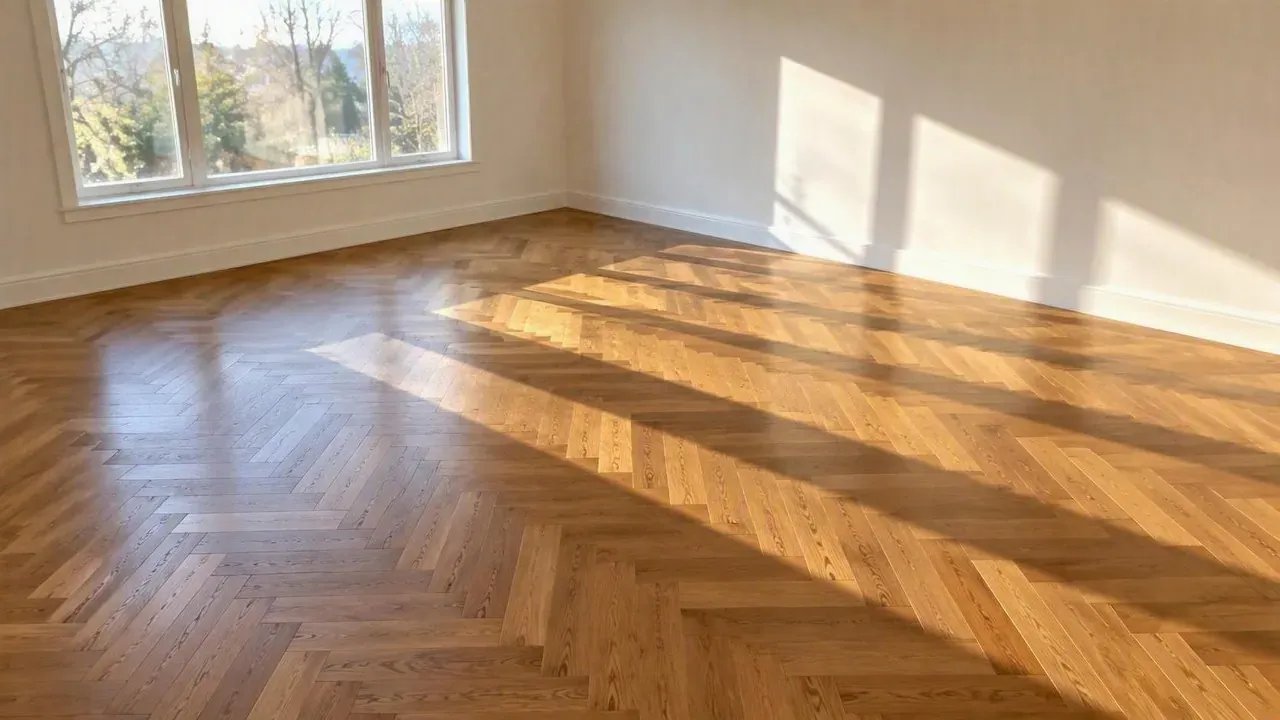 Finished herringbone wood floor in sunlit dining room after flooring installation