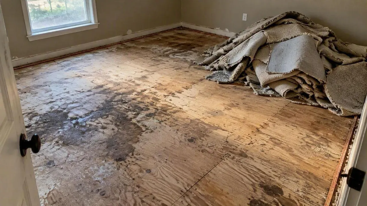 Old carpet ripped up exposing stained subfloor before flooring installation