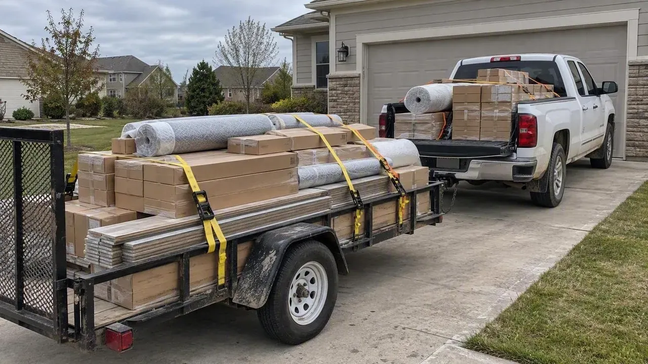 Pickup truck and trailer loaded with flooring materials during flooring installation