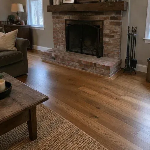 Hardwood boards installed around fireplace hearth after hardwood floor installation
