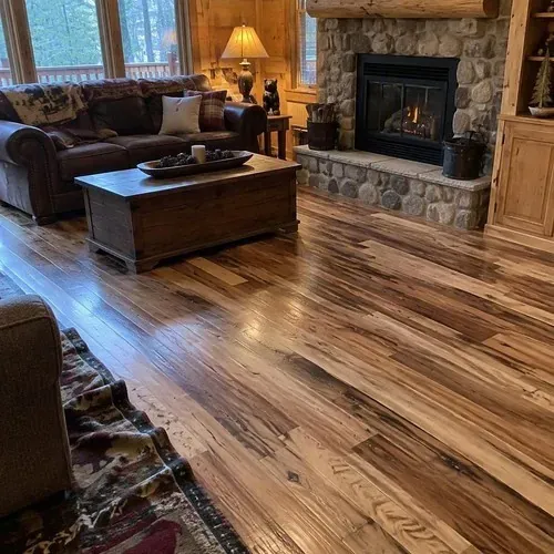 Finished rustic hickory hardwood floor in cabin after hardwood floor installation