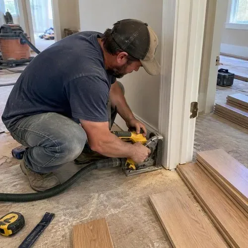 Installer undercutting door casing with jamb saw during hardwood floor installation