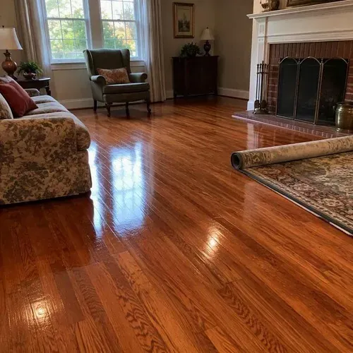 Refinished glossy red oak living room floor after hardwood floor sanding and refinishing