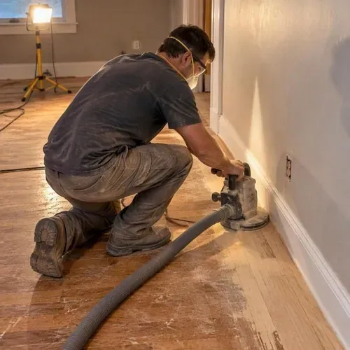 Tradesman running edger sander along wall during hardwood floor sanding and refinishing