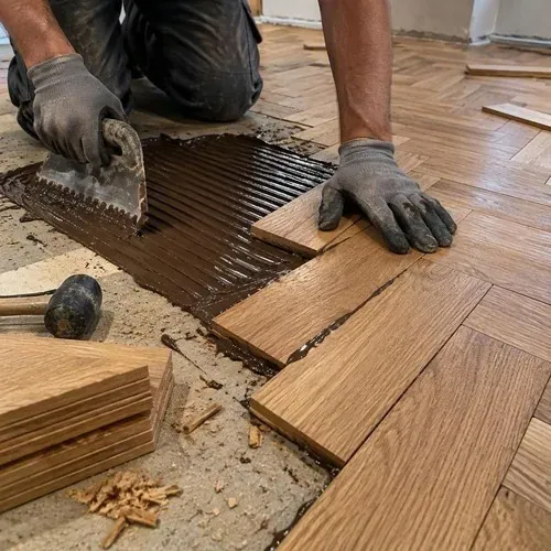 Parquet blocks pressed into fresh glue during herringbone and parquet floor installation