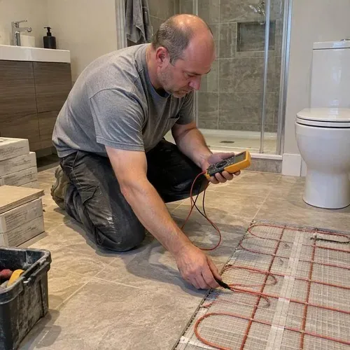 Electrician testing heating cable with multimeter during radiant heated floor installation