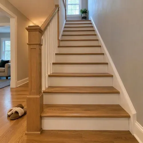 Finished staircase with new newel post after stair and railing installation