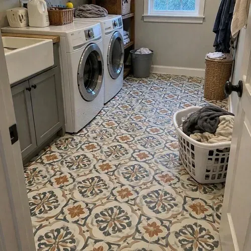 Patterned cement-look tiles in laundry room during ceramic and porcelain tile installation