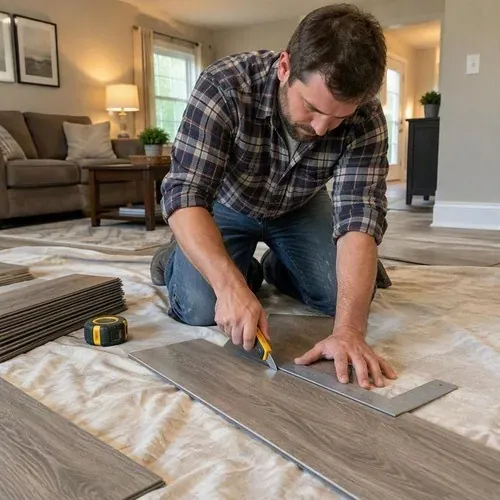 Installer cutting vinyl plank with utility knife during vinyl and laminate flooring installation